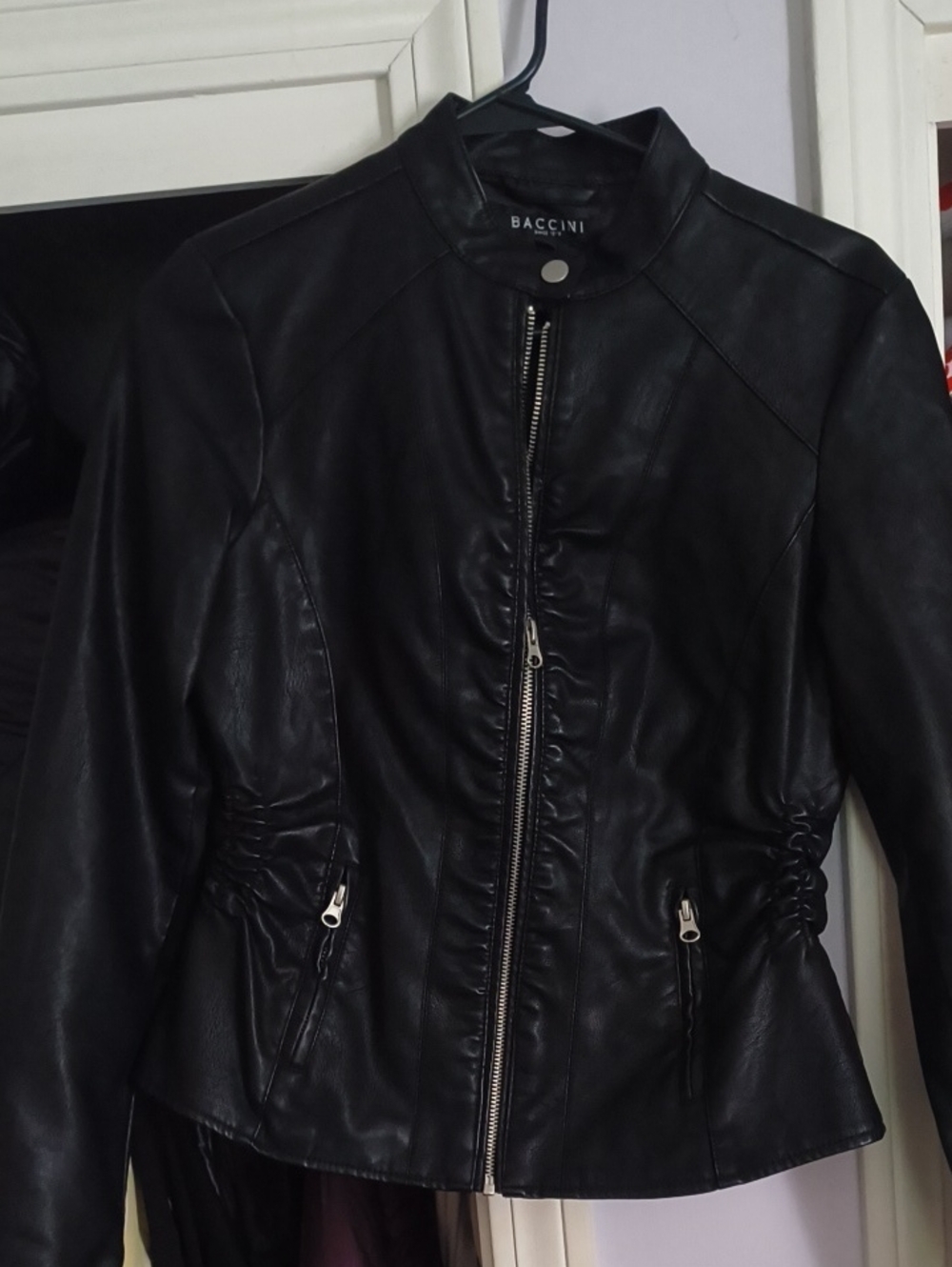 Baccini Black Faux Leather Ruched-Waist Jacket